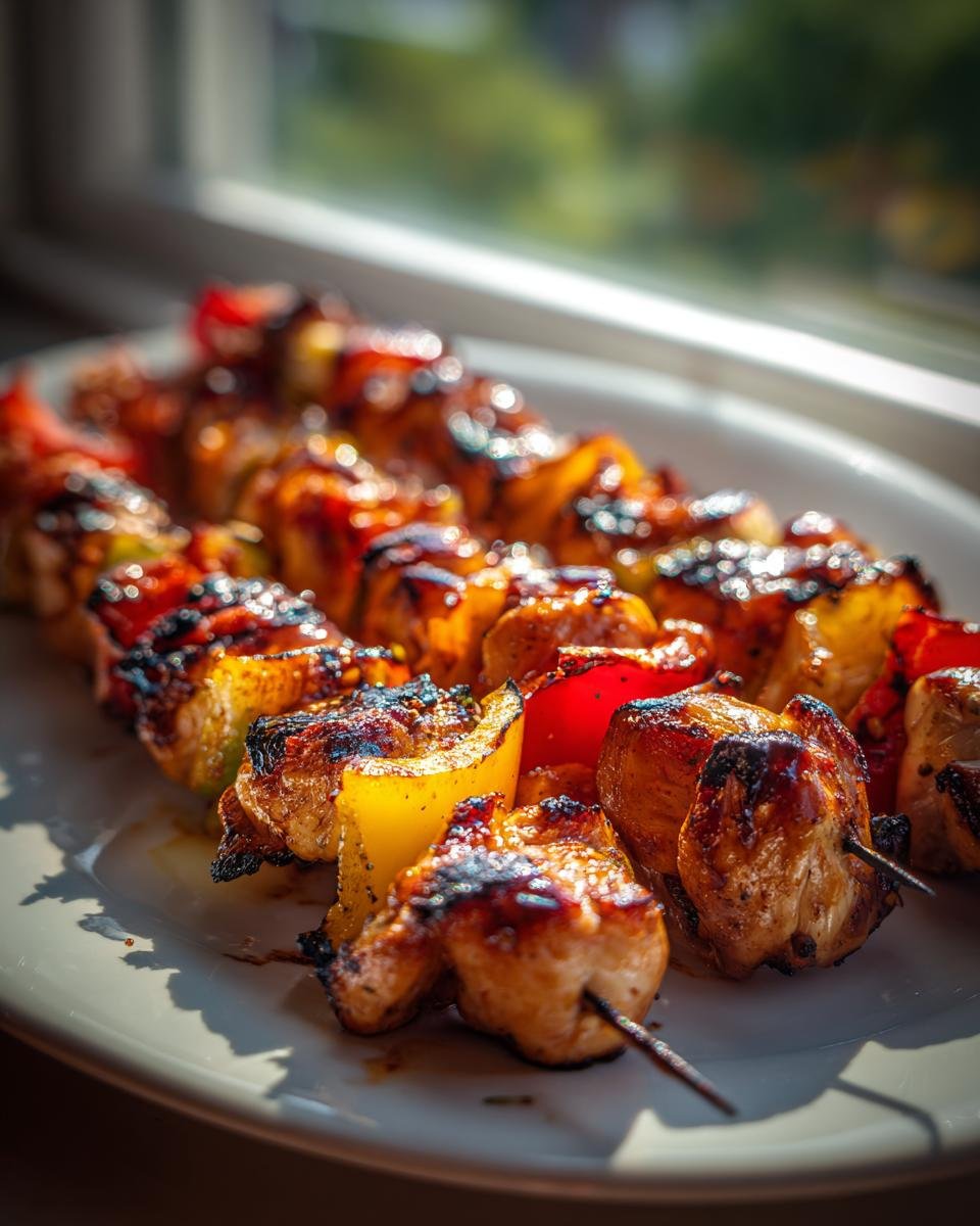 Close-up of several perfectly charred Grilled Chicken Skewers with chunks of yellow and red bell peppers on a white plate.