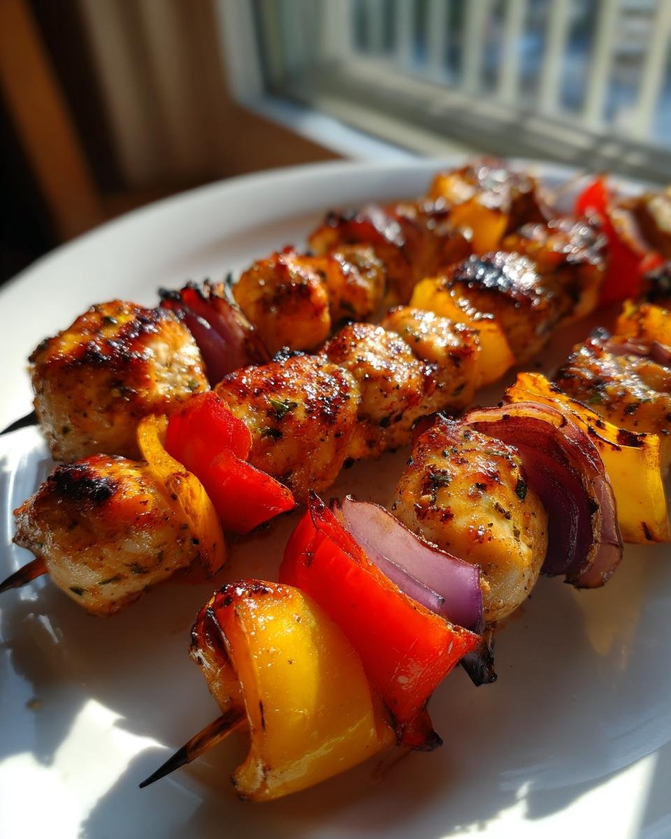 Close-up of perfectly grilled chicken skewers featuring seasoned chicken chunks, red, yellow bell peppers, and red onion, ready to eat.