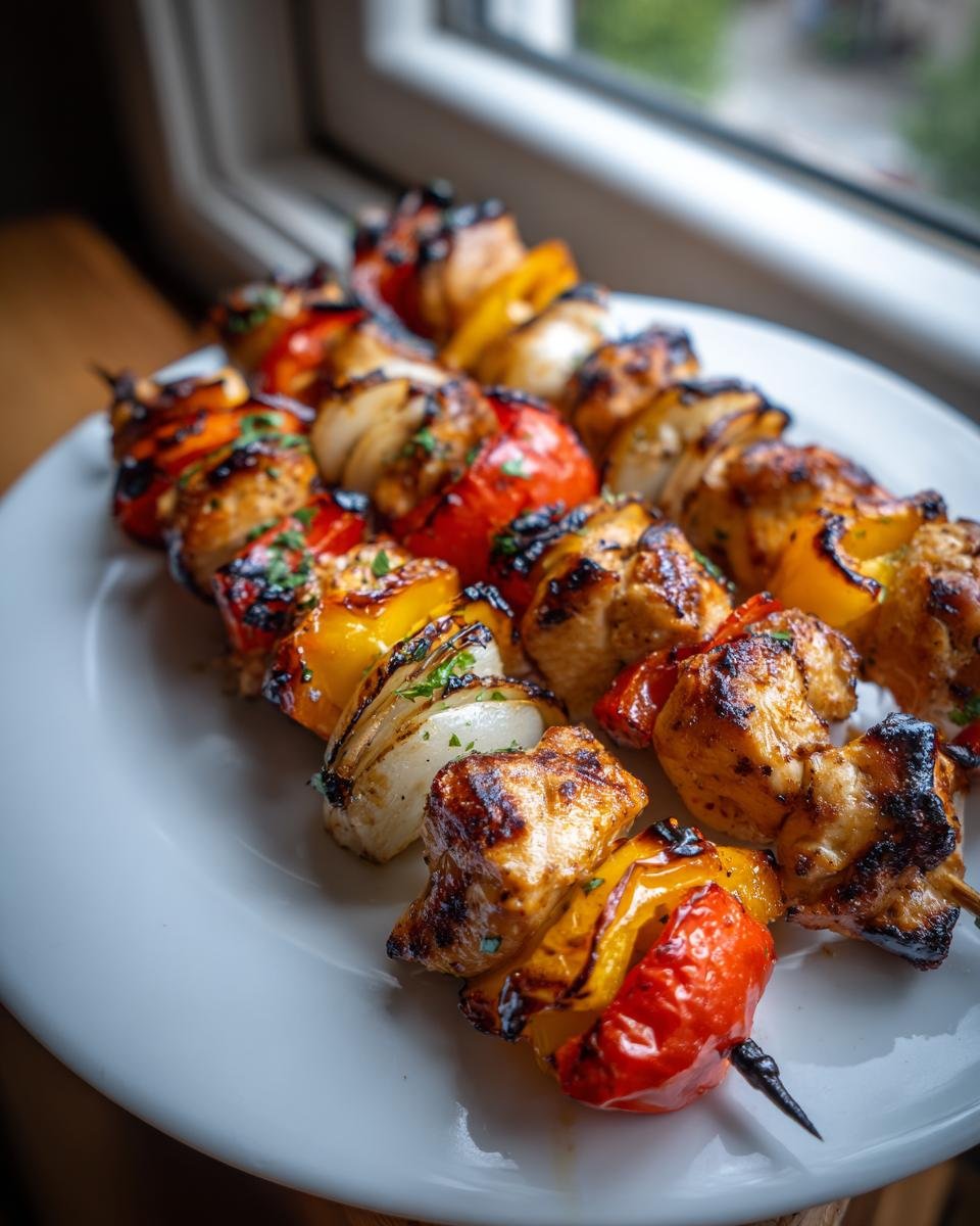 Close-up of several perfectly cooked Grilled Chicken Skewers with charred peppers and onions on a white plate.