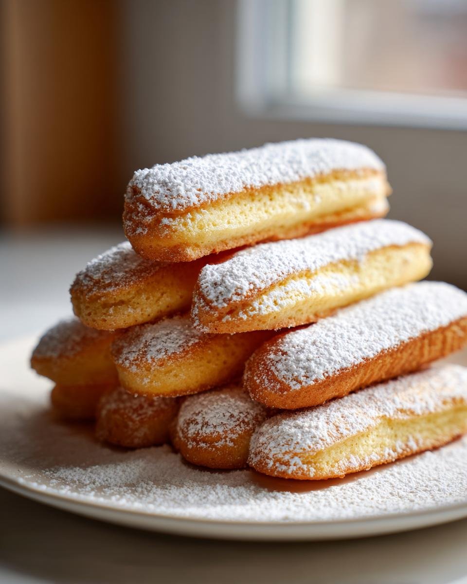 A tall stack of freshly baked ladyfingers recipe cookies dusted generously with powdered sugar on a white plate.