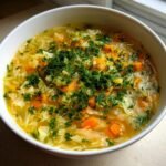 Close-up of a white bowl filled with Lemon Dill Cabbage Soup, featuring shredded cabbage, carrots, and a generous topping of fresh dill.