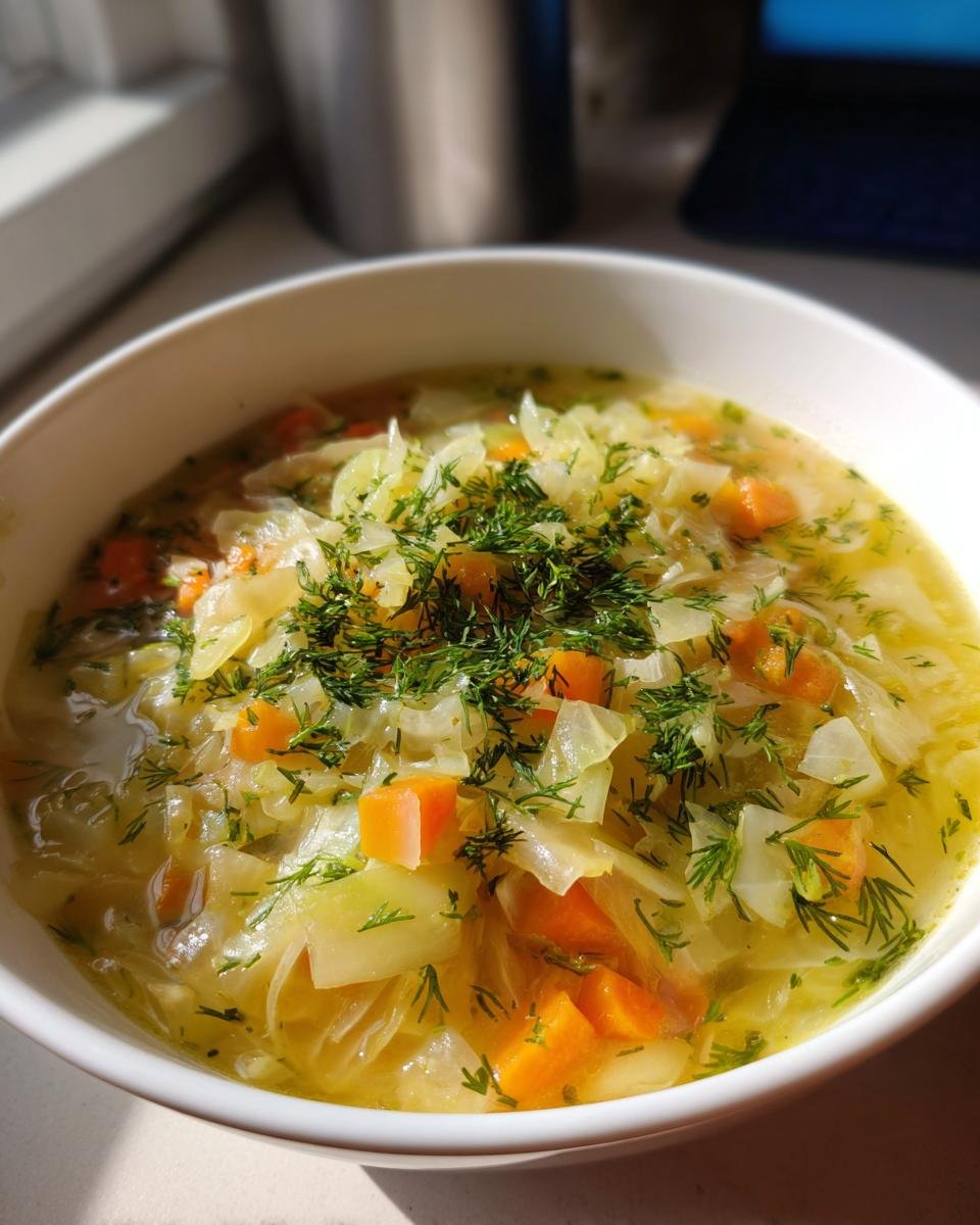 A close-up view of hot Lemon Dill Cabbage Soup featuring shredded cabbage, diced carrots, and fresh dill garnish.
