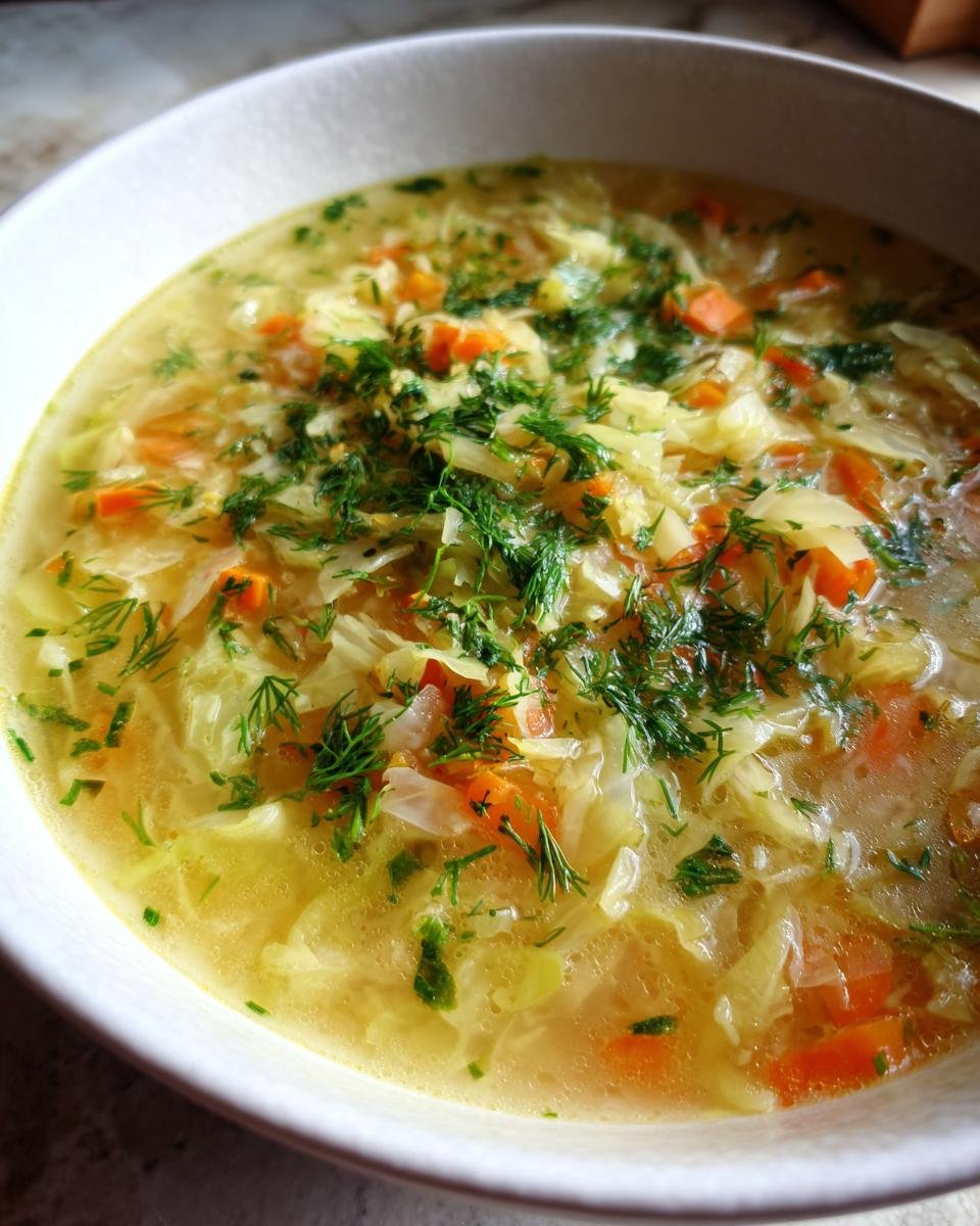 A close-up view of a bowl of Lemon Dill Cabbage Soup, featuring shredded cabbage, carrots, and fresh dill garnish.