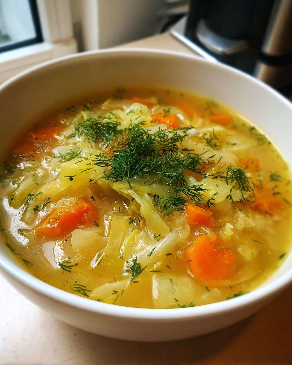 A close-up shot of a white bowl filled with bright yellow Lemon Dill Cabbage Soup, topped generously with fresh dill.