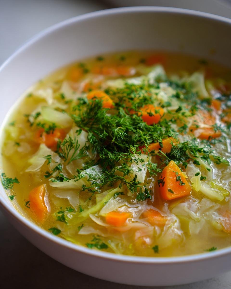 A close-up of a white bowl filled with Lemon Dill Cabbage Soup, featuring shredded cabbage, bright orange carrots, and topped with fresh dill.