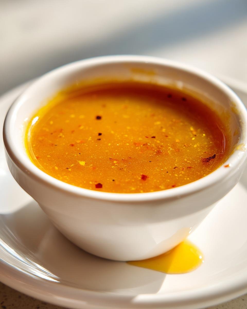 Close-up of bright orange Mango Habanero Honey Garlic Sauce in a small white dipping bowl.