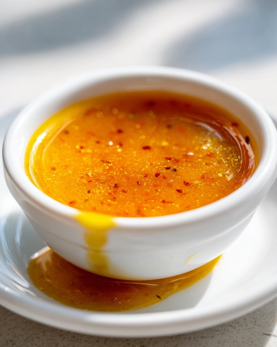 Close-up of vibrant orange Mango Habanero Honey Garlic Sauce with visible chili flakes in a small white dipping bowl.