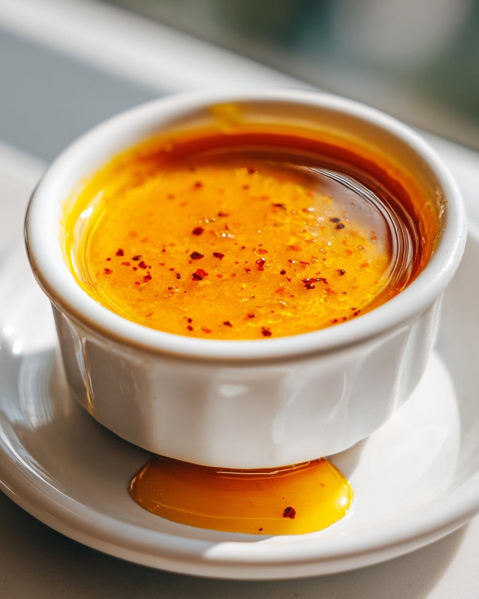 Close-up of bright orange Mango Habanero Honey Garlic Sauce sprinkled with red pepper flakes in a white dipping bowl.