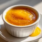 Close-up of thick, glossy Mango Habanero Honey Garlic Sauce in a white ramekin, showing flecks of red spice.