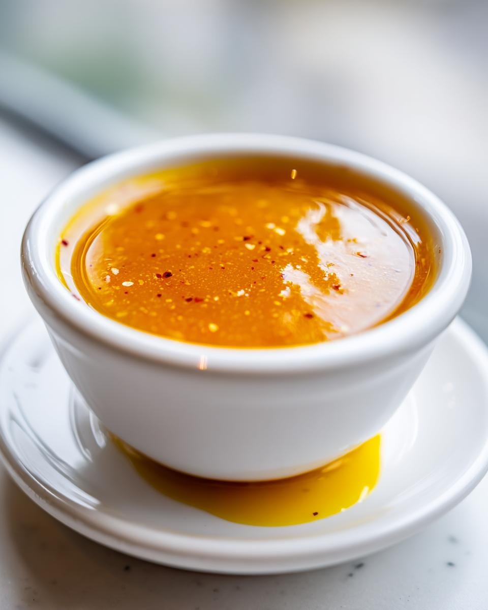 Close-up of vibrant orange Mango Habanero Honey Garlic Sauce in a small white ramekin with chili flakes.