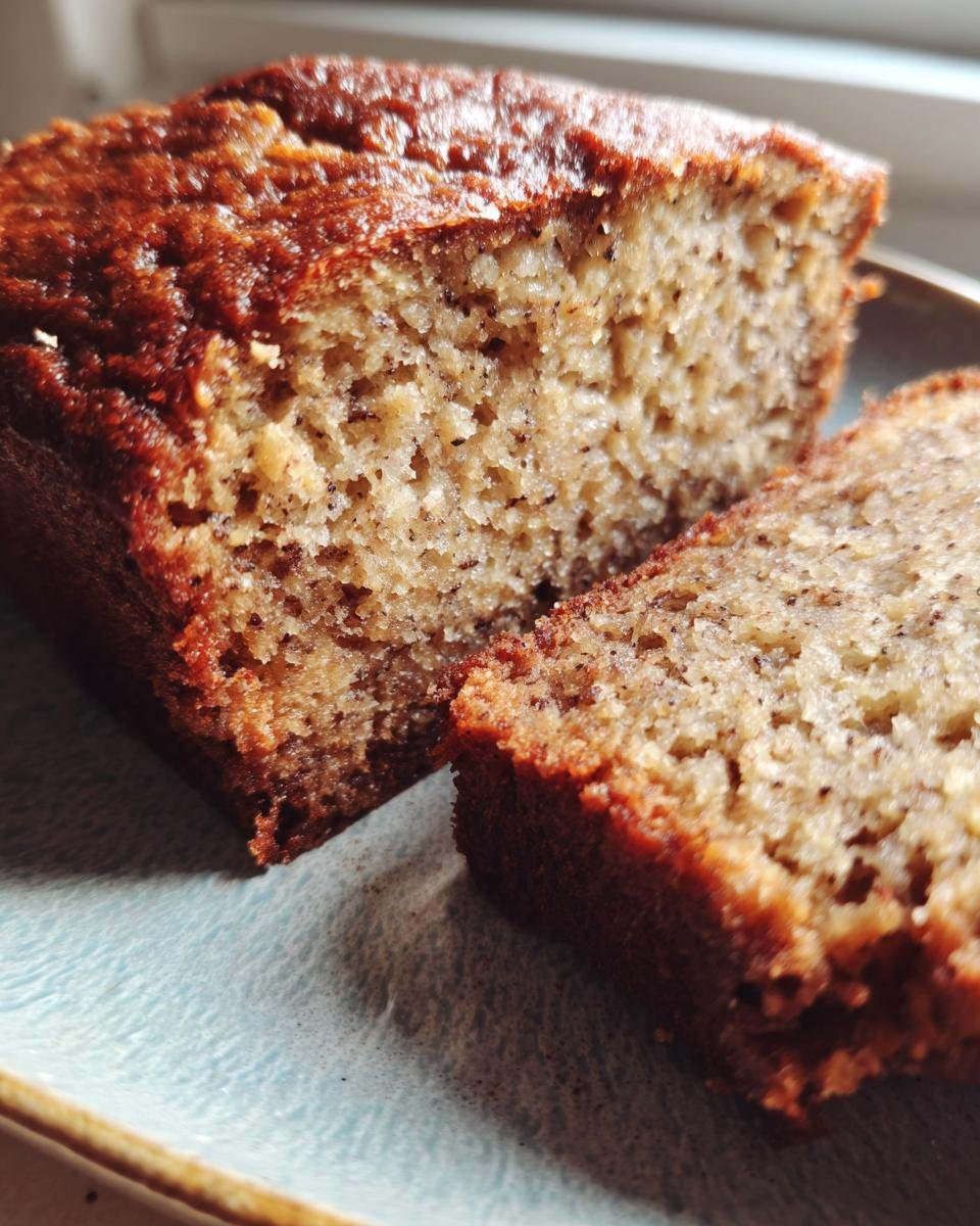 Close-up of a moist slice and loaf end of Paleo Banana Bread showing its dense, speckled crumb texture.