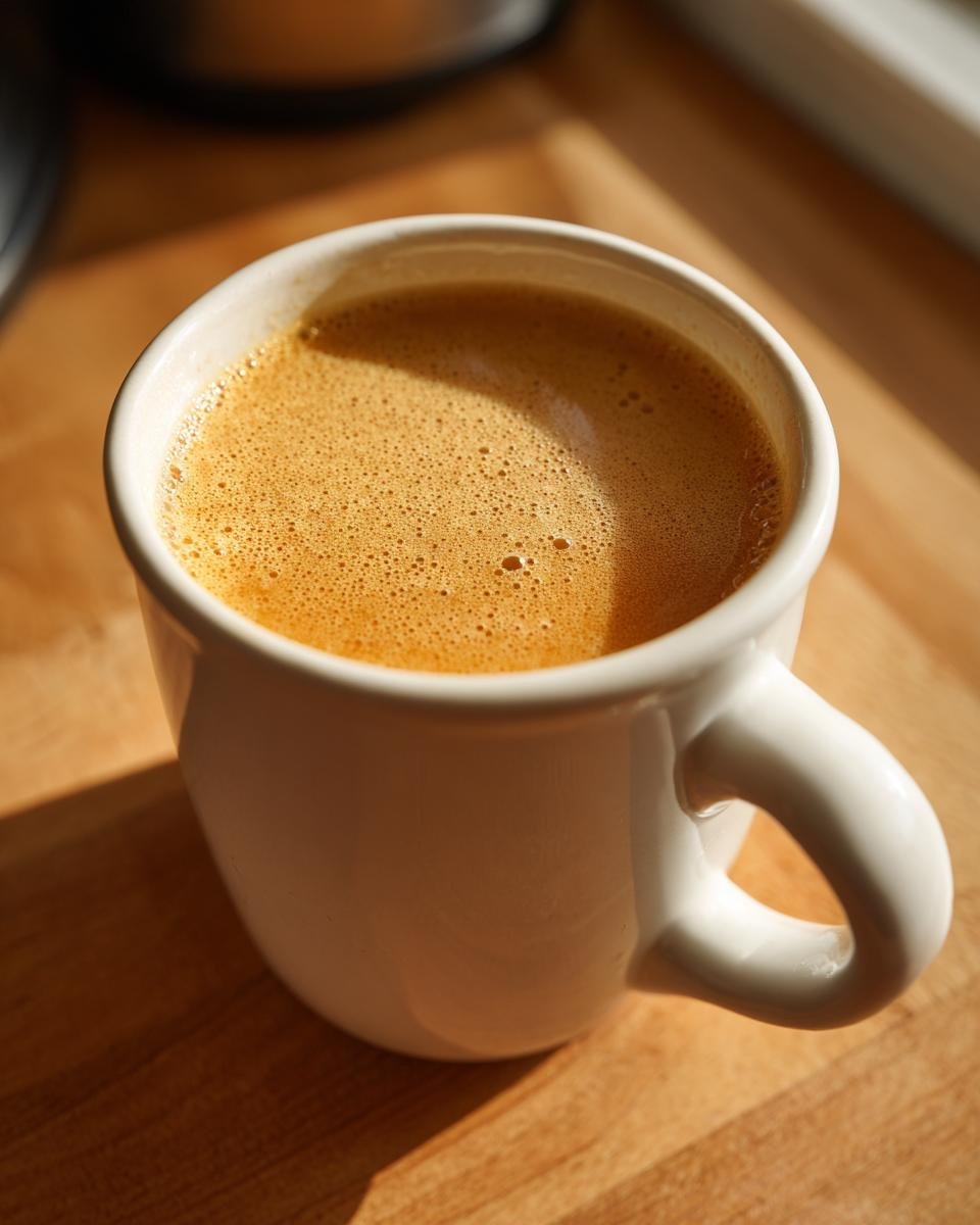 Close-up of a white mug filled with a warm, frothy amber liquid, likely Homemade Bone Broth.