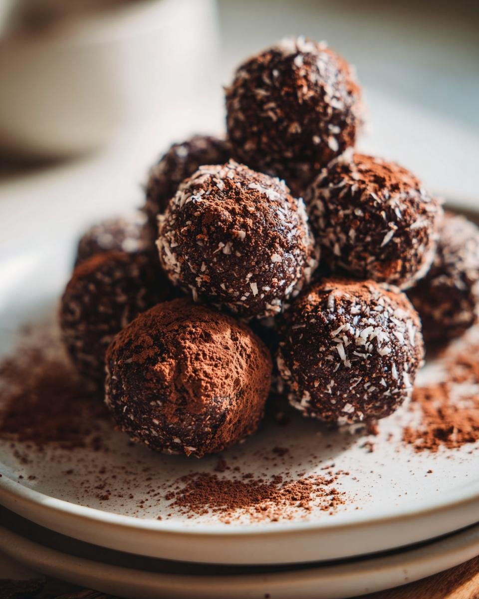 A stack of rich, dark No Bake Chocolate Coconut Protein Balls dusted with cocoa powder and shredded coconut.