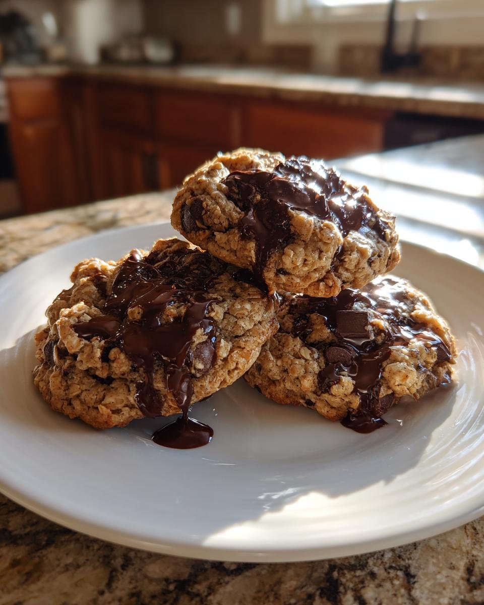 Three stacked Oat Flour Chocolate Chip Cookies generously topped with melted, glossy chocolate.