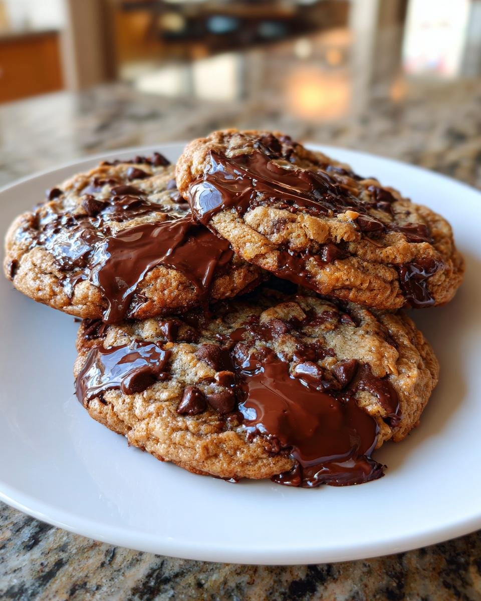 Three freshly baked Oat Flour Chocolate Chip Cookies stacked on a white plate with generous amounts of melted chocolate drizzled over them.