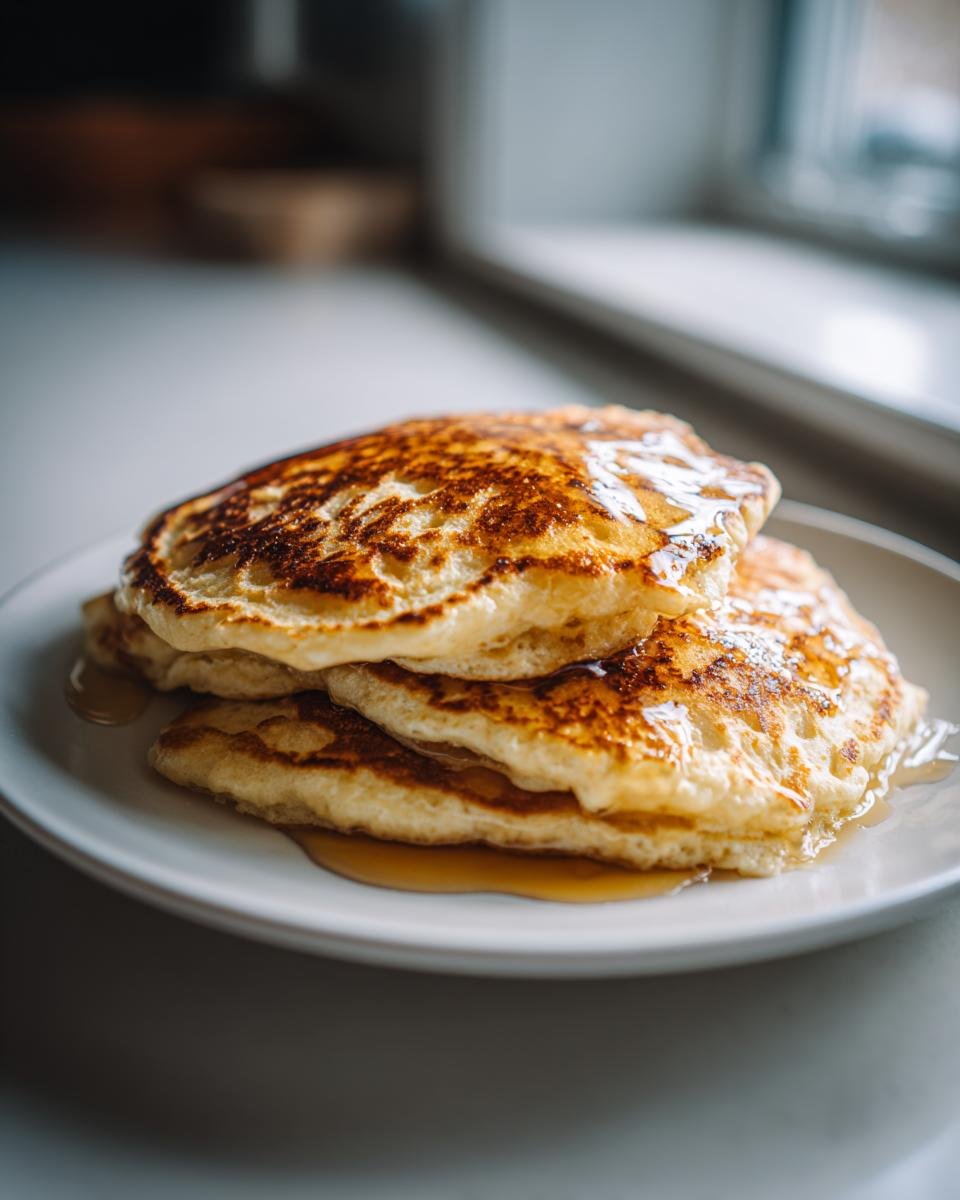 A stack of three fluffy Oat Flour Pancakes drizzled generously with maple syrup on a white plate.