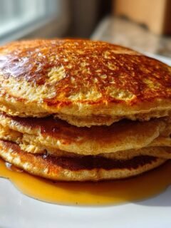 A tall stack of golden brown Oat Flour Pancakes drizzled generously with maple syrup on a white plate.