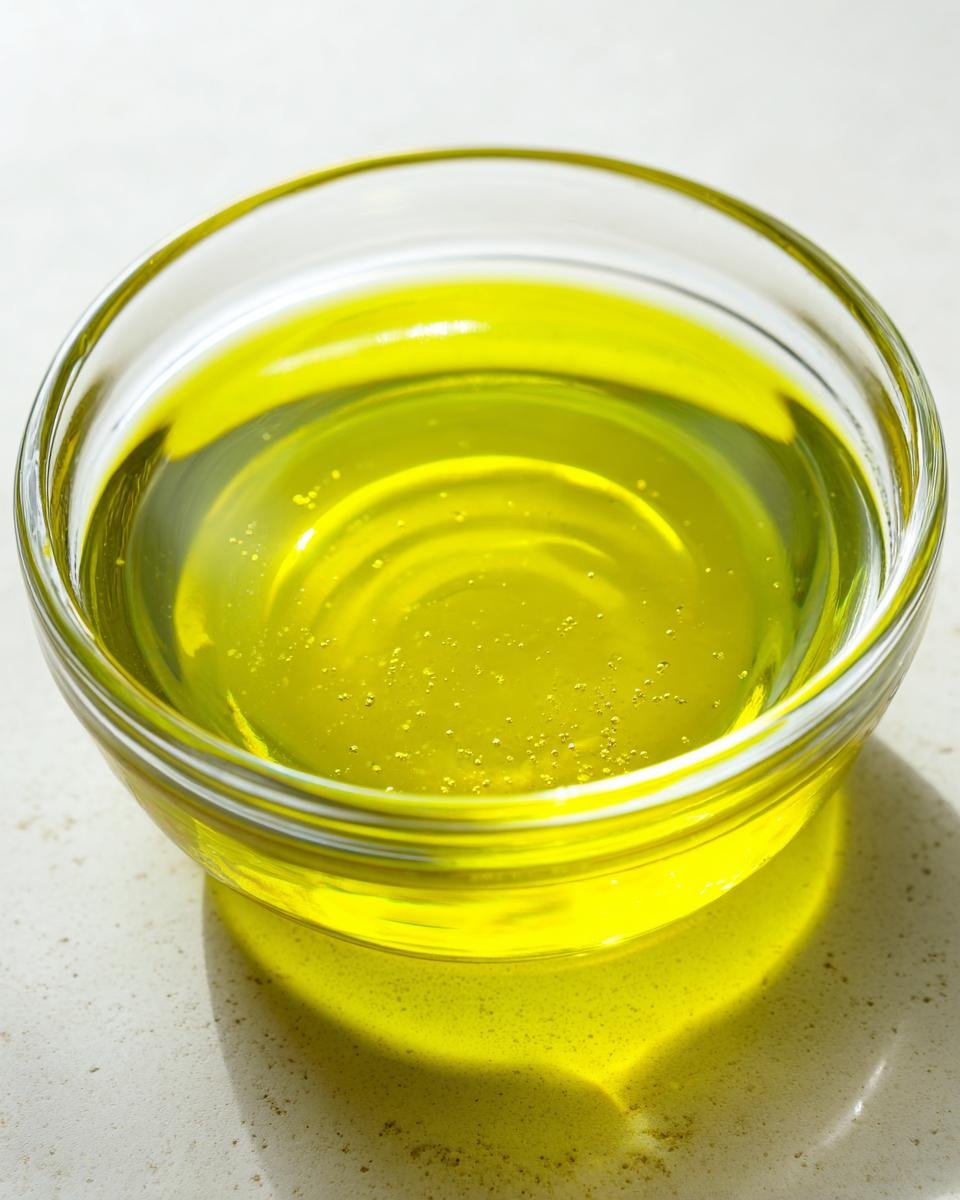 Close-up of bright yellow oil, likely an ingredient for Honey Lime Dressing, in a small clear glass bowl.