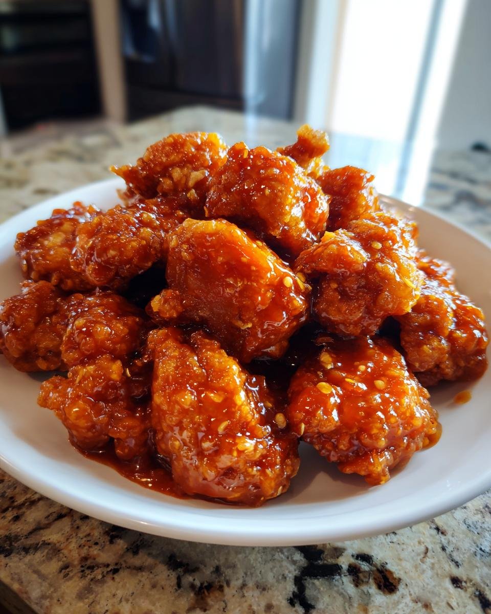 Close-up of crispy chicken pieces generously coated in a thick, glossy Orange Chicken Sauce Recipe.