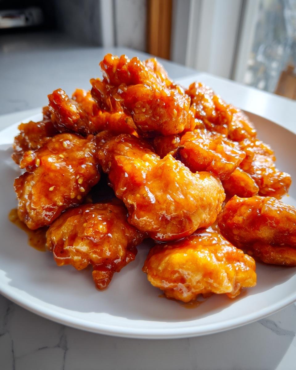 A pile of crispy, battered chicken pieces generously coated in glossy Orange Chicken Sauce, sprinkled with sesame seeds.