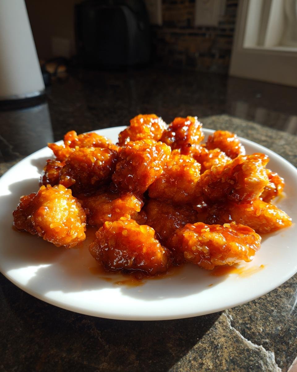 Crispy chicken pieces coated generously in a thick, glossy Orange Chicken Sauce Recipe, served on a white plate.