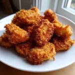A pile of golden brown, crispy Oven Baked Chicken Bites served on a white plate, ready to eat.