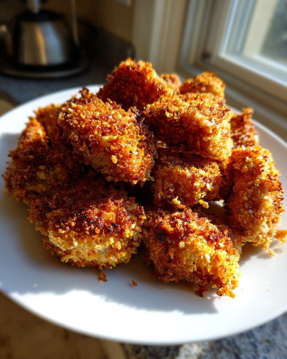 A pile of crispy, golden brown Oven Baked Chicken Bites served on a white plate, backlit by sunlight.
