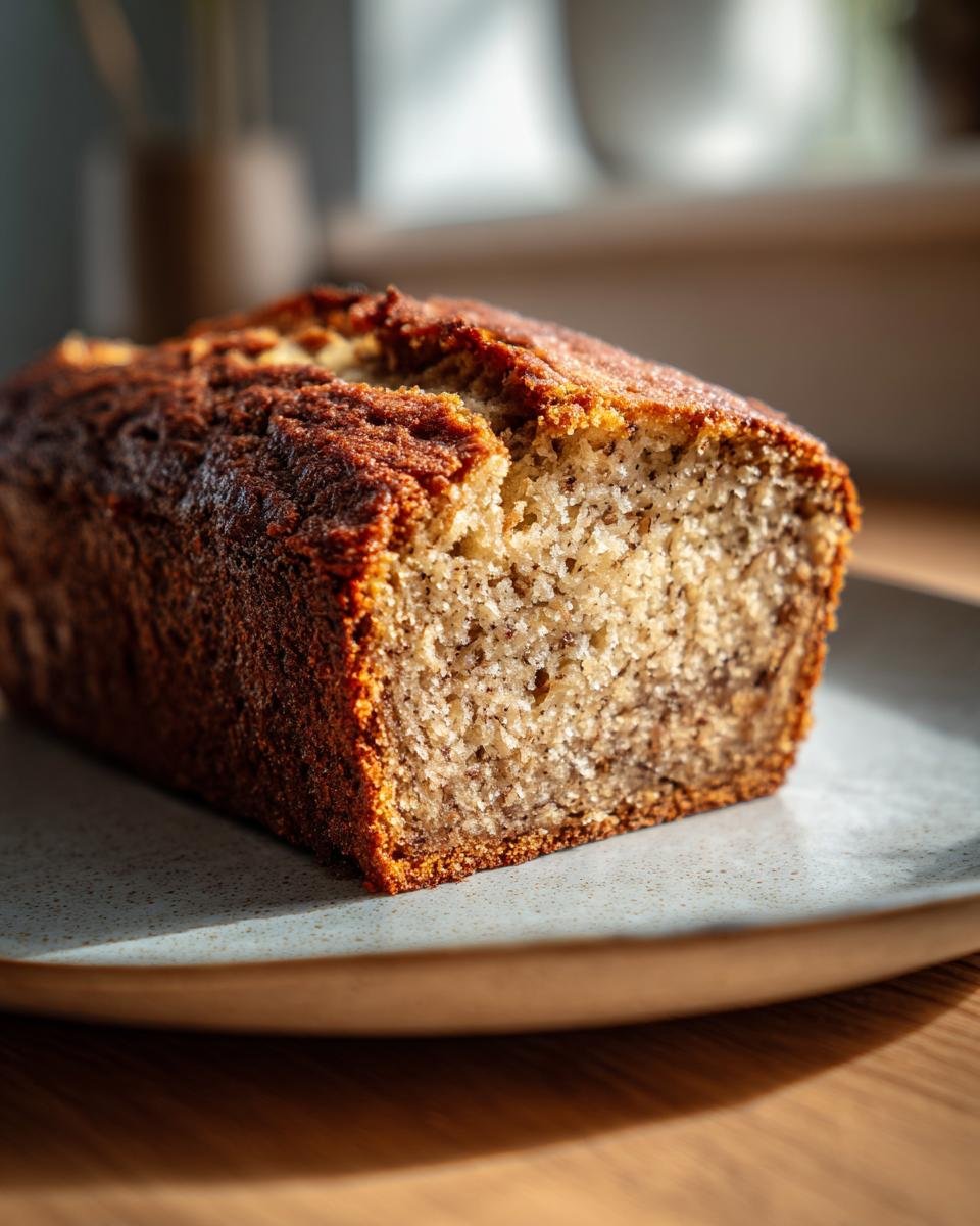 A golden-brown loaf of moist Paleo Banana Bread resting on a speckled plate, showing the textured interior crumb.