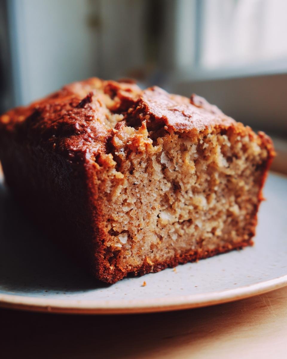 Close-up of a freshly baked slice of moist Paleo Banana Bread with a golden-brown crust.