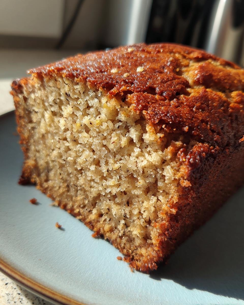 A close-up shot showing the moist, crumbly texture of a slice of Paleo Banana Bread with a dark, caramelized crust.