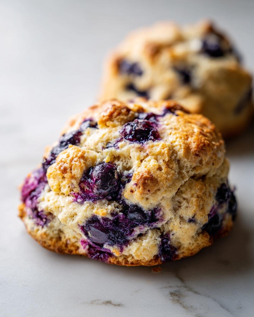 A close-up, macro shot of one golden-brown Paleo Blueberry Scone studded with bursting blueberries on a white marble surface.