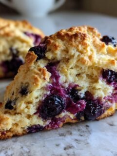A close-up, cross-section view of a freshly baked Paleo Blueberry Scone showing moist interior and burst blueberries.