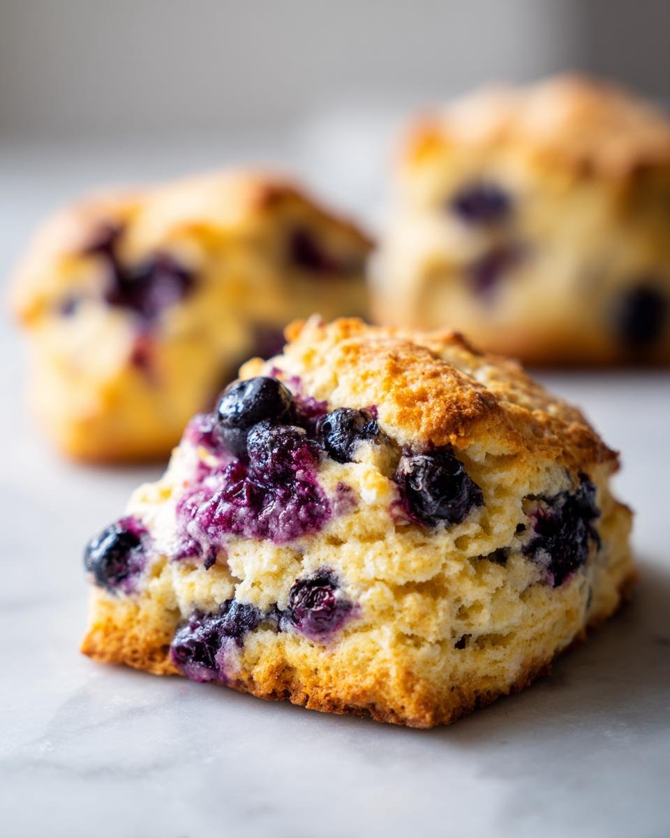 A close-up, detailed shot of a freshly baked Paleo Blueberry Scone, showing the crumb texture and burst blueberries.