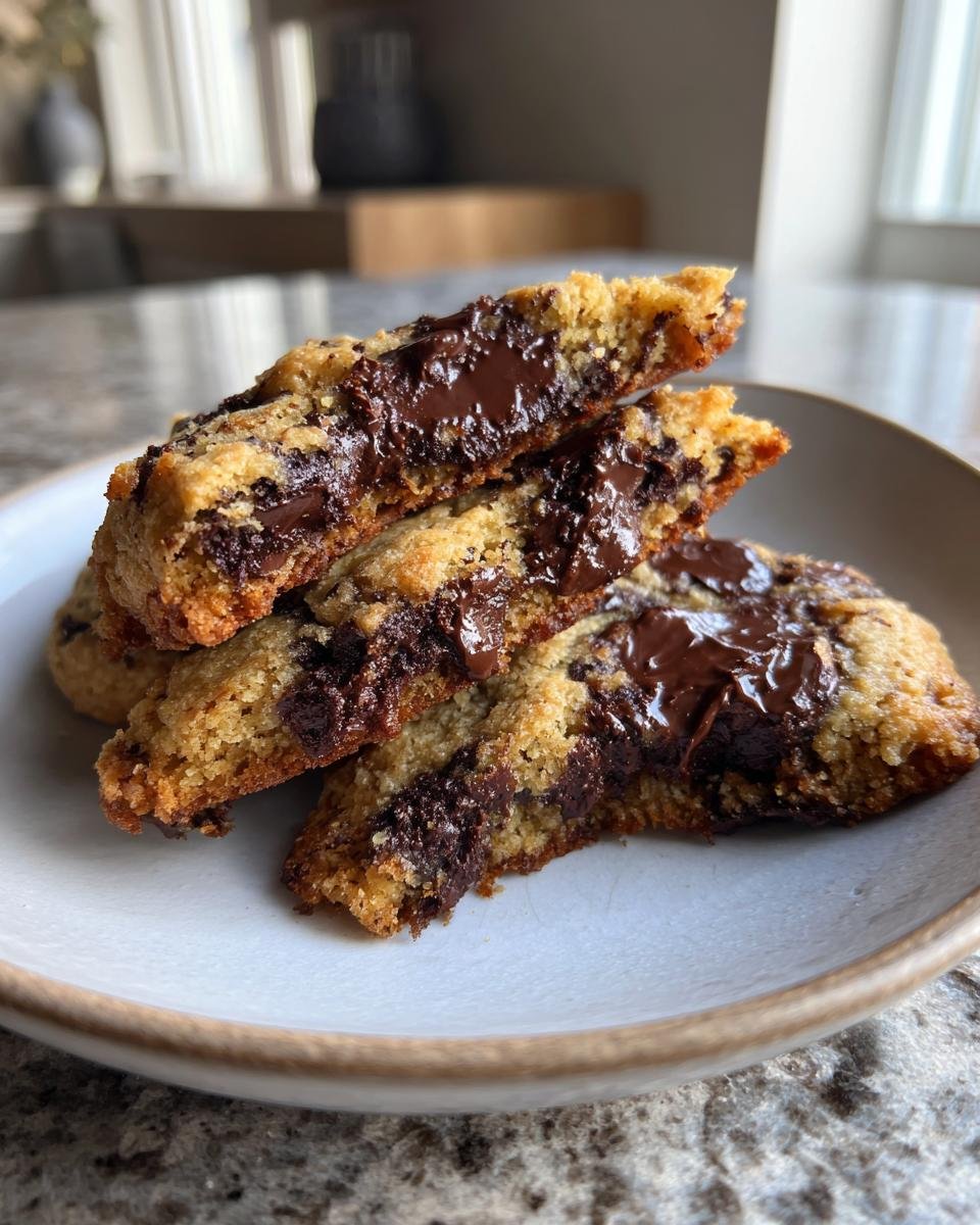 Close-up of broken Paleo Chewy Chocolate Chip Cookies showing gooey, melted chocolate centers.