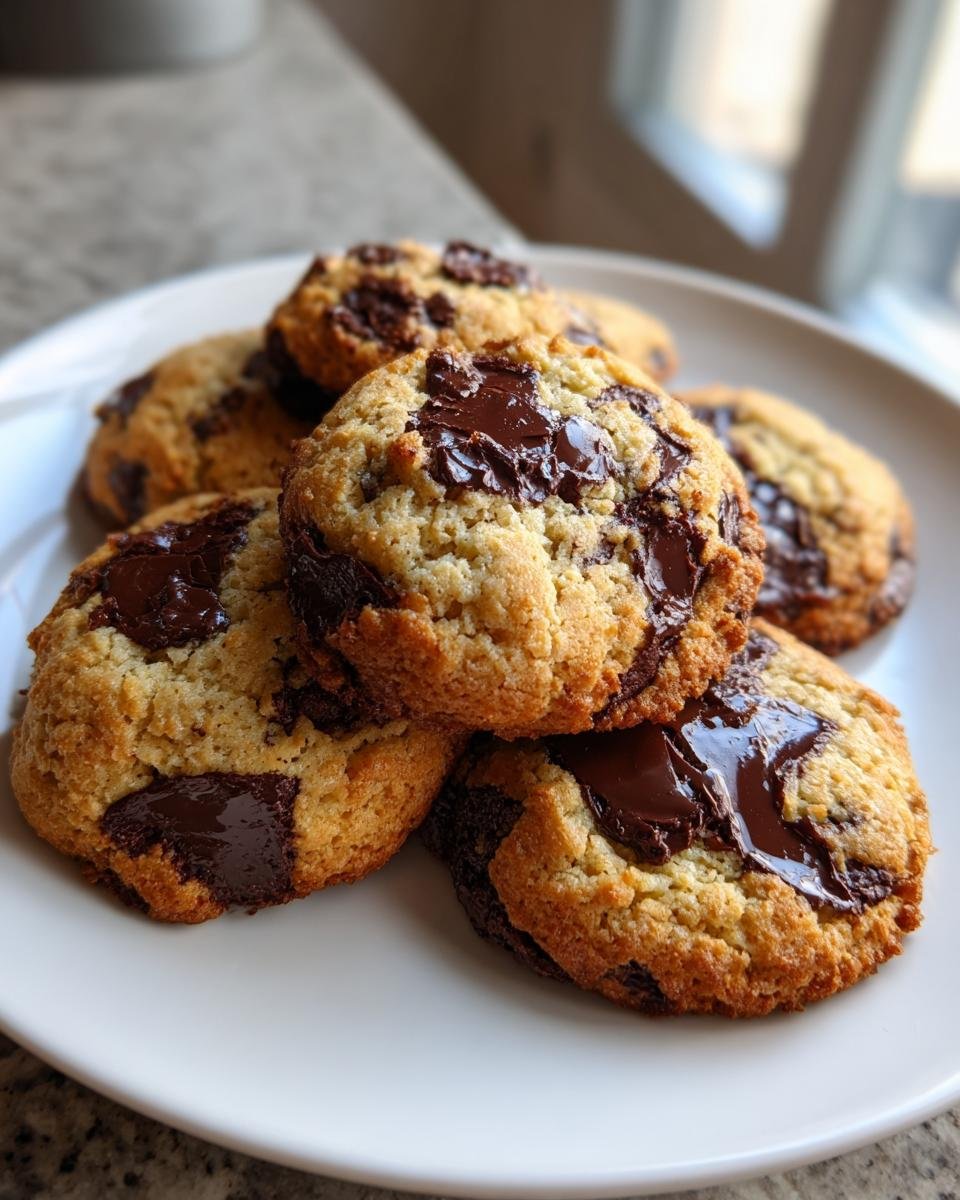 A stack of freshly baked Paleo Chewy Chocolate Chip Cookies with melted chocolate pools on a white plate.
