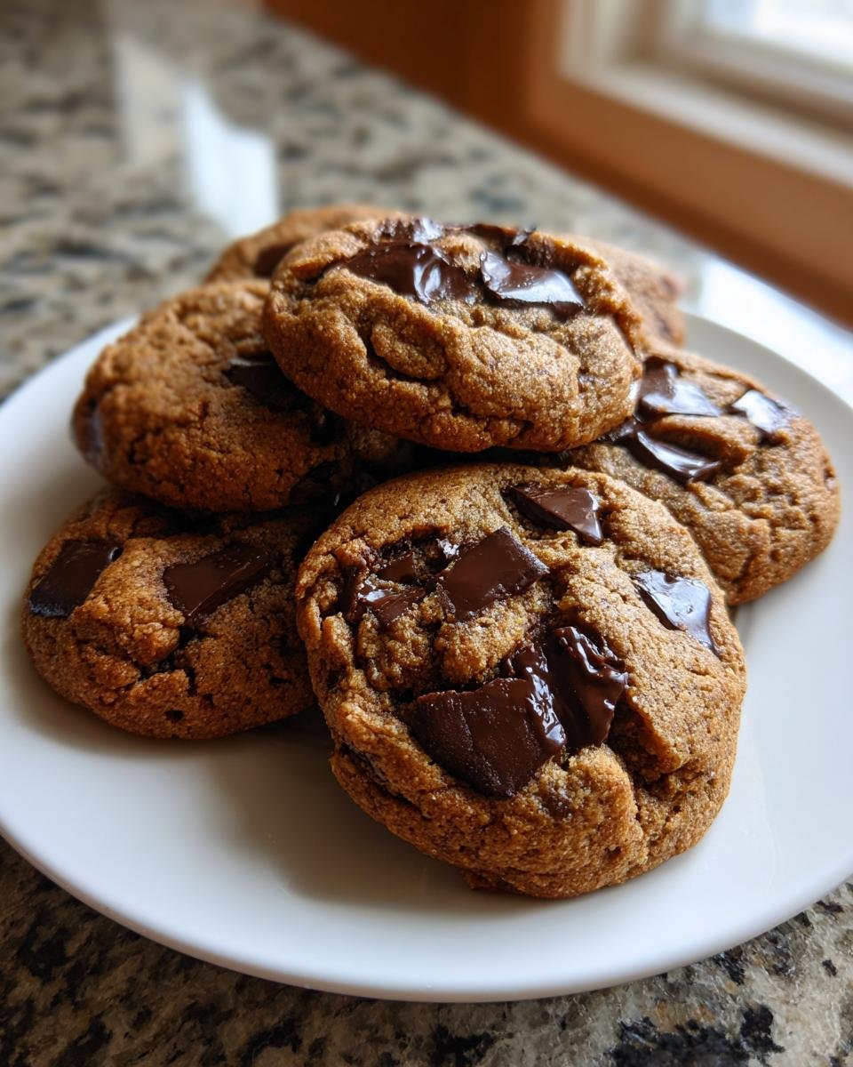 A stack of freshly baked Paleo Chewy Chocolate Chip Cookies with melted chocolate chunks on a white plate.