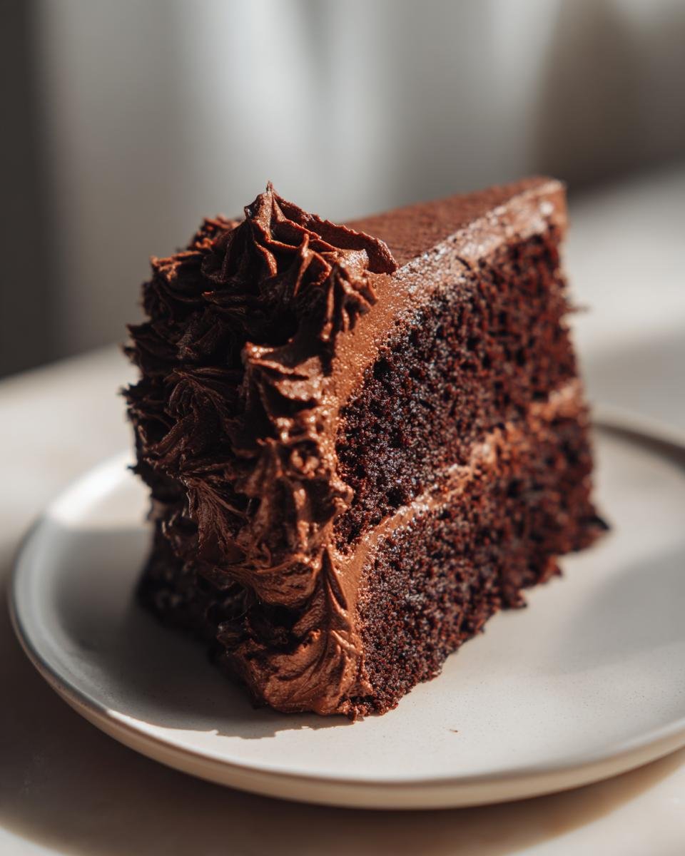 A decadent slice of Paleo Chocolate Cake With Whipped Chocolate Frosting on a light plate.