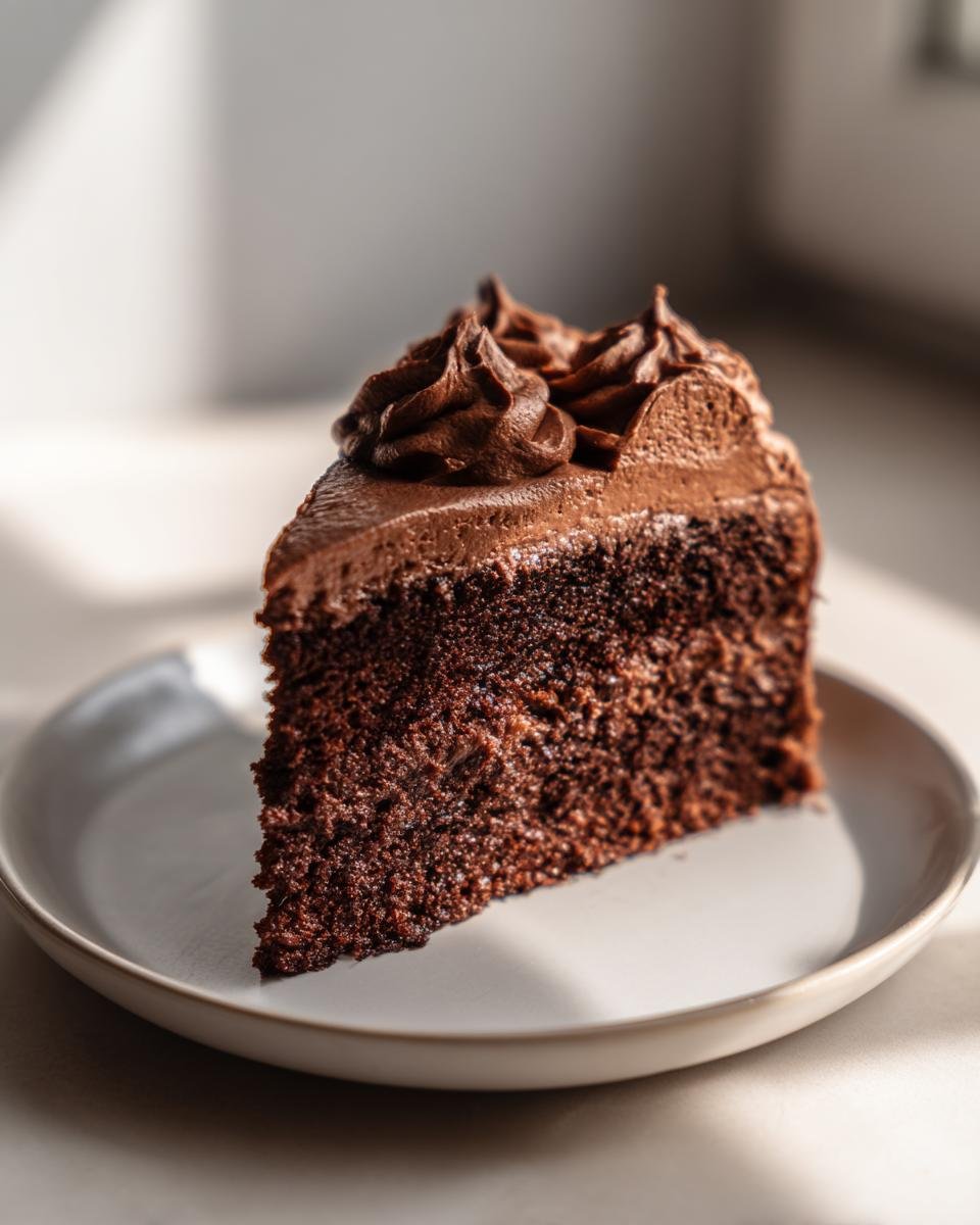 A moist slice of Paleo Chocolate Cake With Whipped Chocolate Frosting on a light plate.