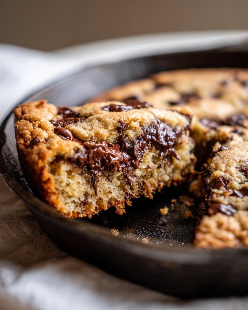 A gooey, warm slice of Paleo Chocolate Chip Skillet Cookie being lifted from the cast iron pan, showing melted chocolate chips.