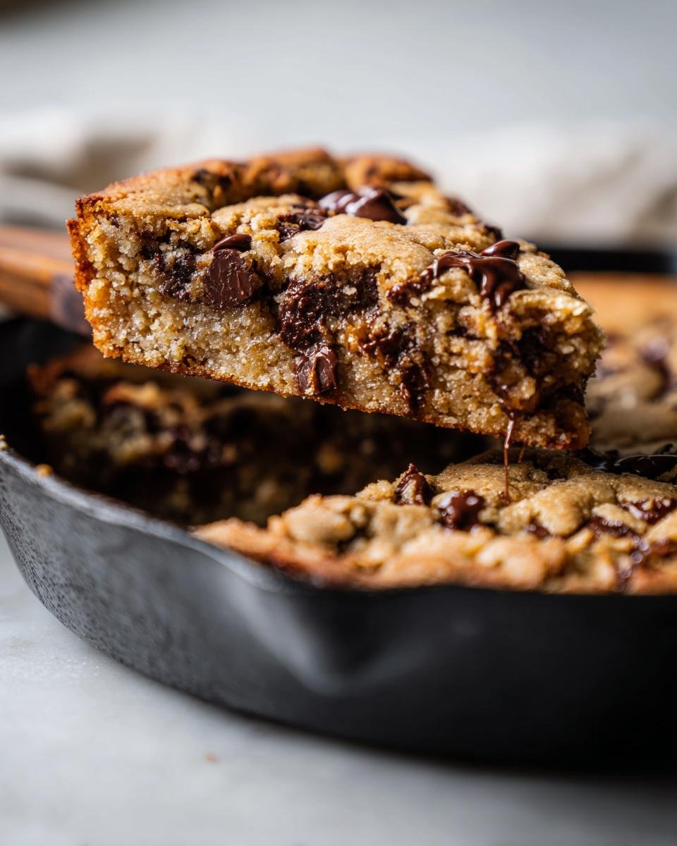 A slice of gooey Paleo Chocolate Chip Skillet Cookie being lifted from a black cast iron skillet.