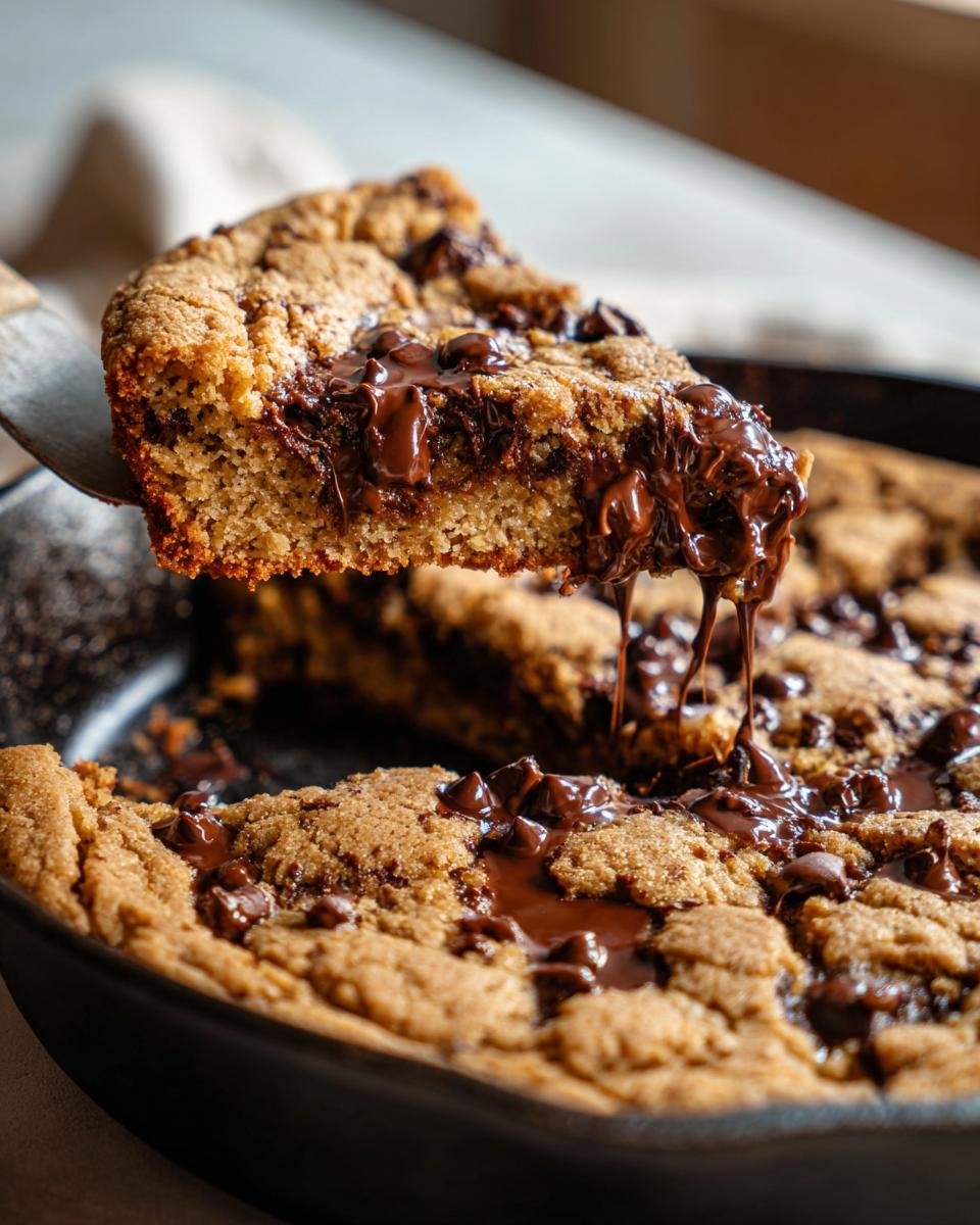 A slice of warm Paleo Chocolate Chip Skillet Cookie being lifted, showing gooey, melted chocolate dripping down.