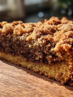 Close-up of a moist slice of Paleo Gingerbread Coffee Cake showing a golden base, dark spiced layer, and thick, sugary crumb topping.