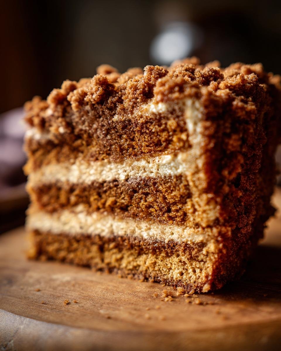 Close-up of a moist slice of Paleo Gingerbread Coffee Cake with multiple layers and crumb topping.