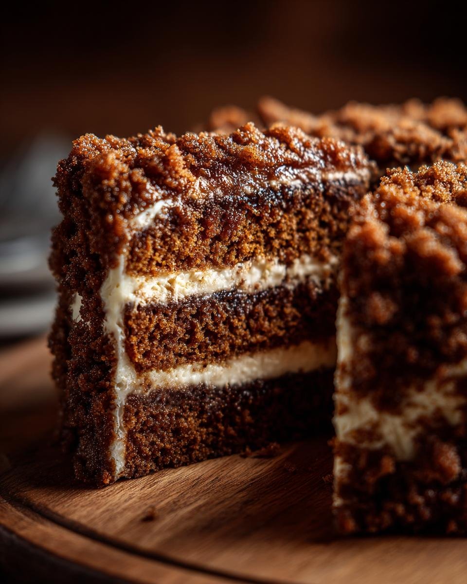 Close-up of a moist, layered Paleo Gingerbread Coffee Cake with white frosting between dark brown cake layers.