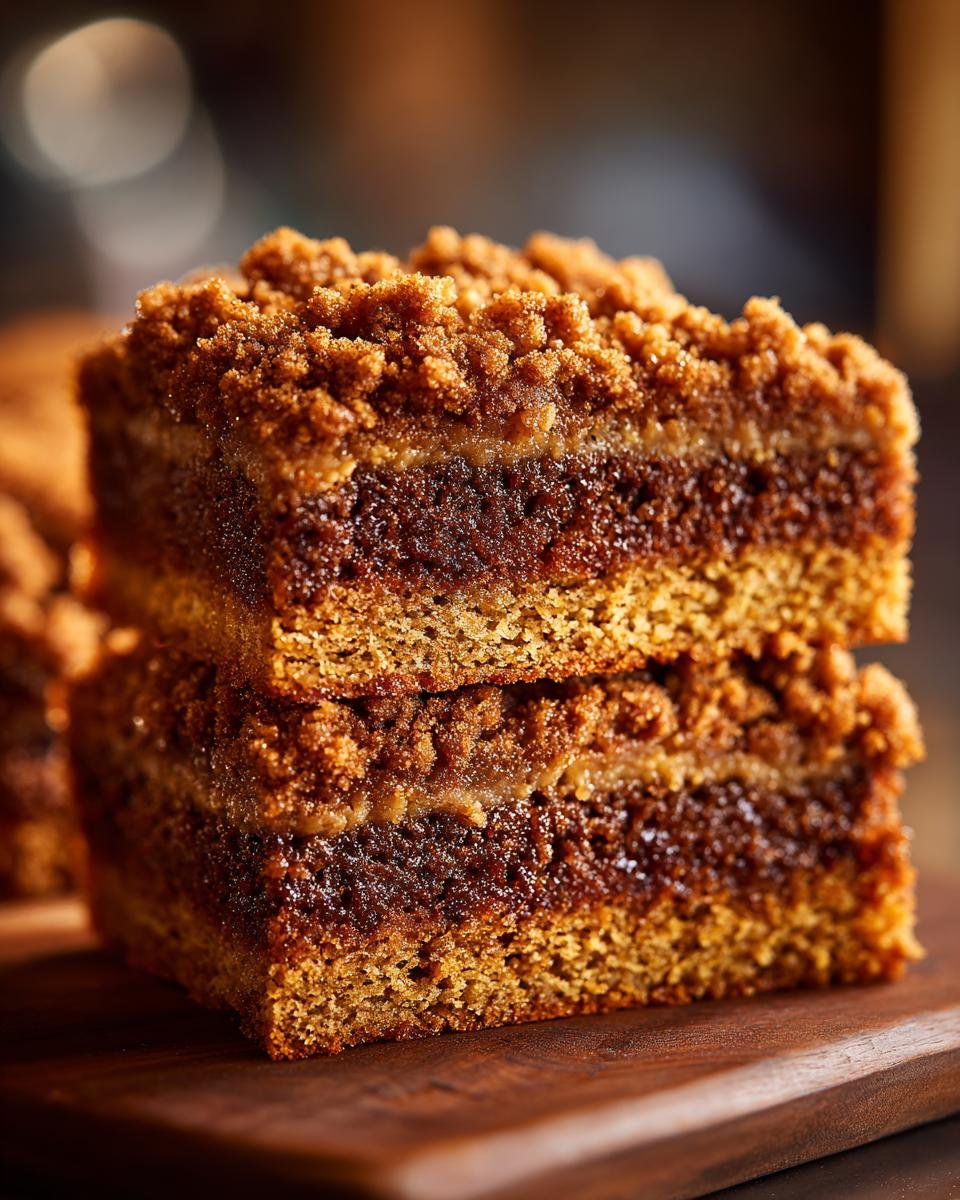 Two stacked squares of rich Paleo Gingerbread Coffee Cake showing layers of cake, filling, and crumb topping.