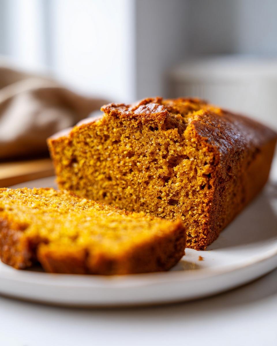 Close-up of a freshly baked Paleo Pumpkin Bread loaf with one slice cut and resting beside it on a white plate.