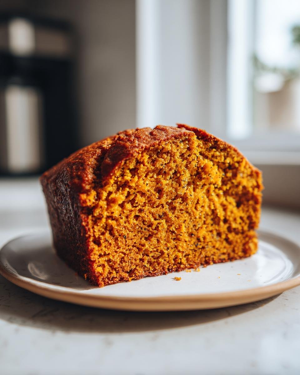 Close-up of a thick, moist slice of orange Paleo Pumpkin Bread resting on a small white plate.