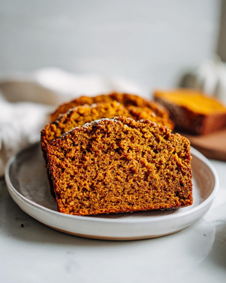 Close-up of a thick slice of moist Paleo Pumpkin Bread dusted with powdered sugar on a light plate.