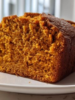 Close-up of a moist slice of rich orange Paleo Pumpkin Bread resting on a white plate.