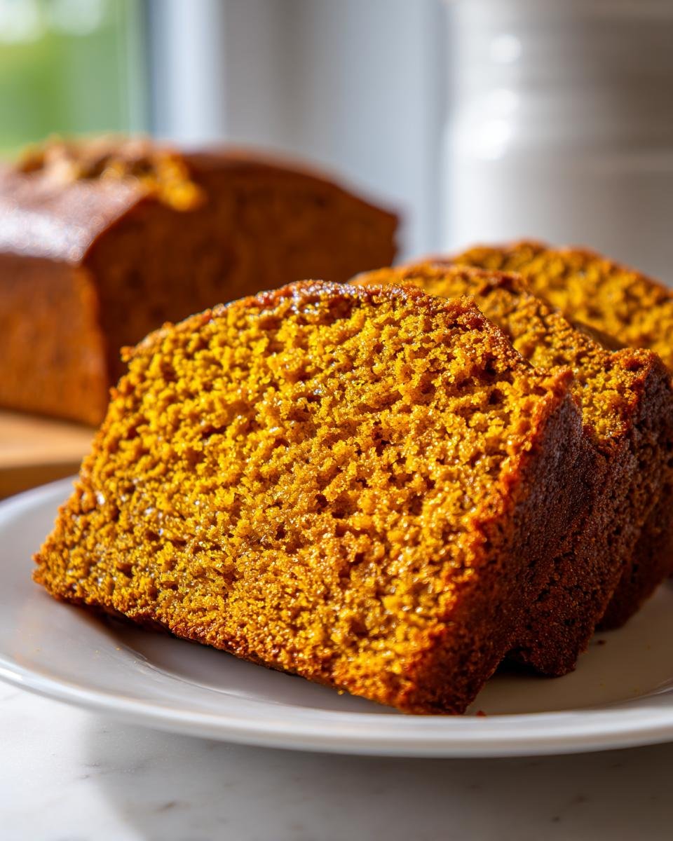 Close-up of moist, orange slices of Paleo Pumpkin Bread served on a white plate with the loaf blurred in the background.